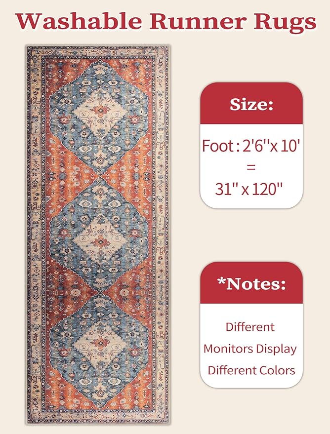 SERISSA Boho Washable Runner Rug, 2'6"x10' Long Non-Slip Tribal Hallway Kitchen Stair Runner Rug Ultra Soft Print Distressed Vintage Floor Carpet for Bedroom Bathroom Laundry Room