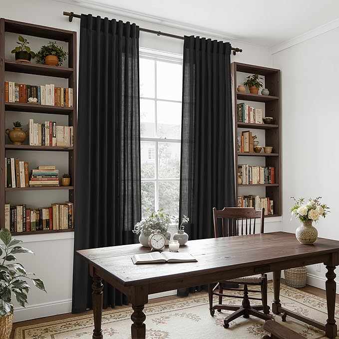Vintage Black Linen Curtains 102 Inches Long for Living Room Light Filtering Semi Sheer Curtain Back Tab Floor to Ceiling High Window Gothic Vintage Decor Drapes for Bedroom Office 52x102,2 Panels
