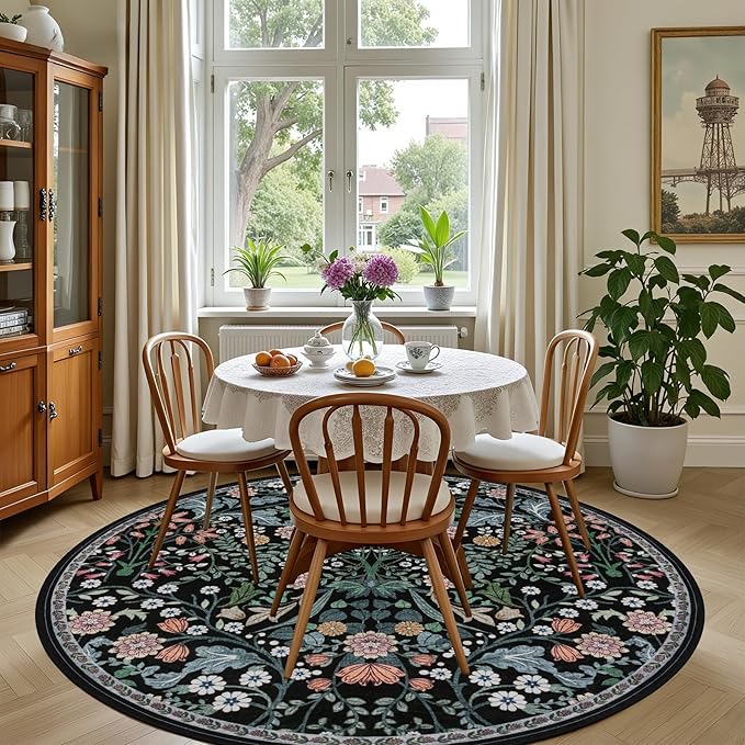 Round Area Rug for Living Room: 4 ft Floral Washable Circle Rug Soft Boho Non-Slip Carpet Indoor Stain Resistant Low Pile Small Circular Rug for Bedroom Entryway Kitchen Nursery Home Office Dark Black