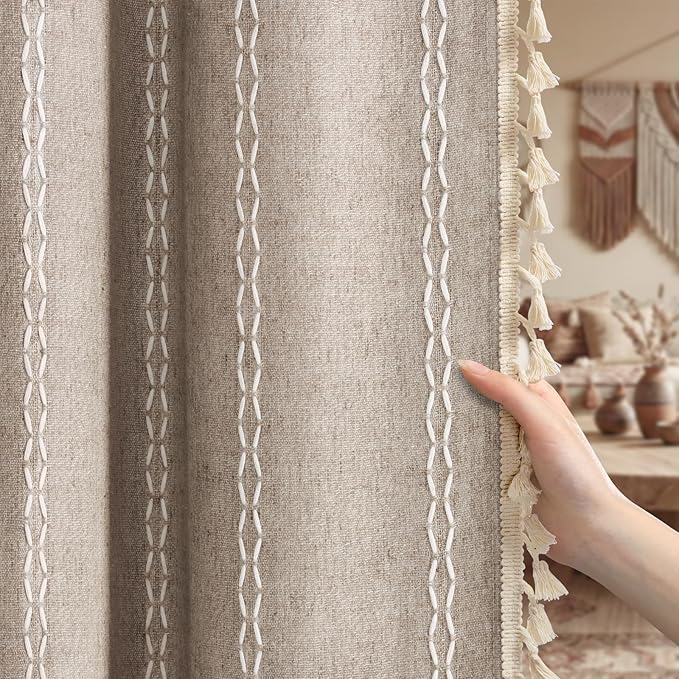 Boho Blackout Curtains 90 Inches Long Brown Linen Blend 2 Panels with Tassels and Cotton Embroidery, Farmhouse Vintage Rustic Rod Pocket Drapes for Living Room or Bedroom