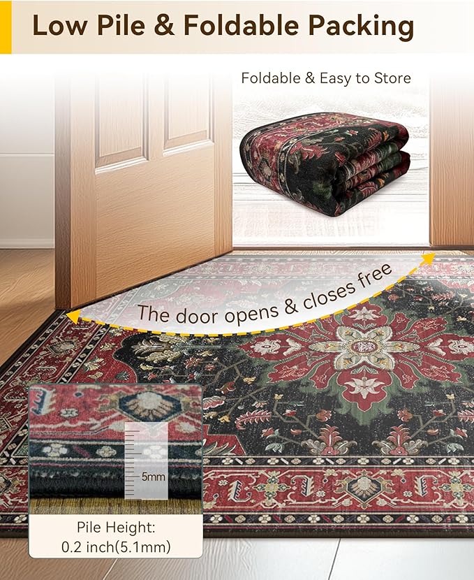 RELEANY Area Rugs 9'x12' Washable Non-Slip, Floral Vintage Distress Print Pattern Medallion Carpet for Living Room Bedroom Dining Room, Red Black