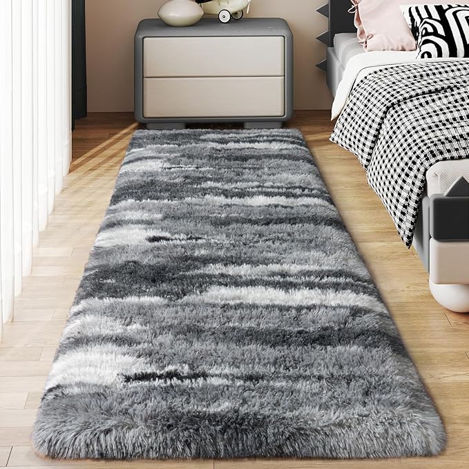 Soft Runner Rugs for Bedroom Hallways, 2x5 Abstract Grey Fluffy Shag Throw Area Rug Non Slip for Bedside Dorm, Long Shaggy Furry Carpet for Nursery Living Room