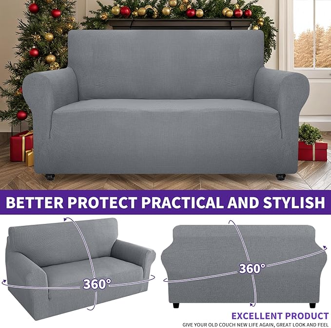 ZNSAYOTX Super Stretch Couch Cover Love Seat Sofa Covers for Living Room Dogs Pet Friendly Furniture Protector Spandex Loveseat Slipcovers with Anti Slip Foam Sticks (Light Grey, Loveseat)