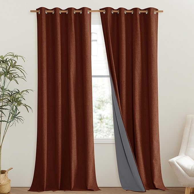 NICETOWN 100% Absolutely Blackout Linen Curtains with Thermal Insulated Liner, 52" Wide, 2 Panels, 120" Long Drapes, Grommet Retro Burnt Orange Linen Curtains Vertical Drapes Privacy for Bedroom