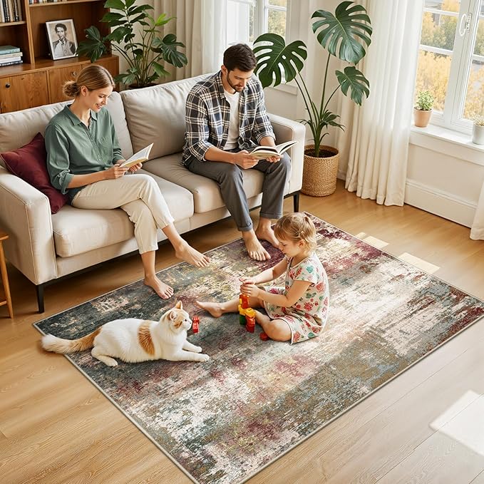 Washable Area Rugs 4'x6' Non-Slip Modern Abstract Soft for Living Room Entryway Bedroom Nursery, Print Pattern, Brown Rust Red Green Blue Multi