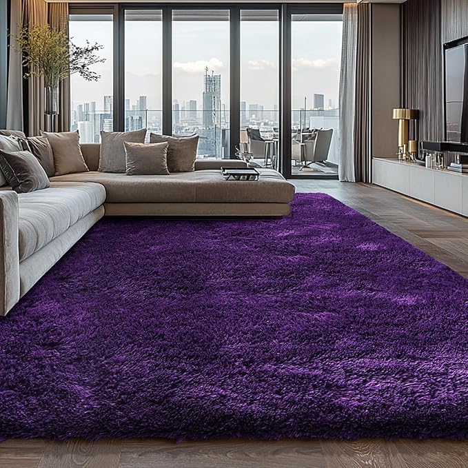 Shag Area Rugs for Bedroom Living Room,8X10 Ultra Soft Purple Fluffy Area Rugs for Dorm, Indoor Carpet Nursery Rugs for Kids Room Home Decor, Purple