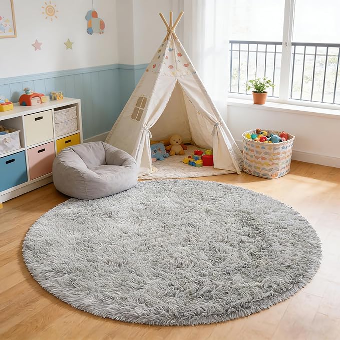 yulidayang Soft Round Area Rug for Kids Bedroom, Fluffy Fuzzy Shaggy Rug 5'X5'for Living Room, Non Slip Circle Plush Rug for Girls Room Nursery Dorm Decor,Light Grey