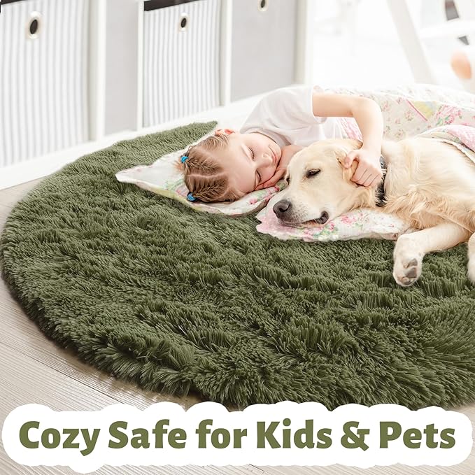 Amdrebio Olive Green Round Rug 4Ft for Bedroom Living Room, Fluffy Shaggy Modern Circle Area Rugs for Kids Room, Soft Plush Fuzzy Shag Carpet for Dorm Playroom Office Nursery Classroom, Home Decor