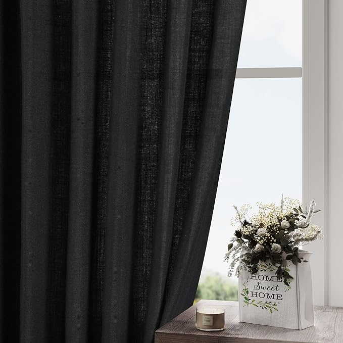 Black Linen Curtains 144 inch Extra Long for Living Room Back Tab Light Filtering Semi Sheer Drapes Modern Farmhouse Muslin Look Decor Cotton Textured Curtain for Floor to Ceiling Window 12 FT