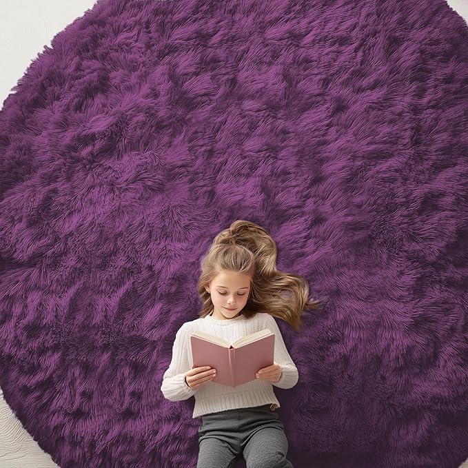 OLANLY Dark Purple Round Rugs for Bedroom - Machine Washable, 9 ft Circle Area Rugs for Living Room, Soft and Fluffy Shaggy Carpet for Teen Girl and Boys, Nursery Rooms, Dorms, Home Decor Aesthetic