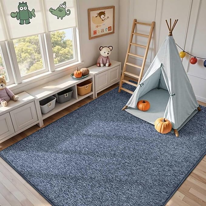 FinRèc 8x10 Washable Area Rugs for Bedroom Living Room, Low Pile Thin Rug Solid Color, Non-Slip Carpet Indoor for Home Decor (Navy Blue)