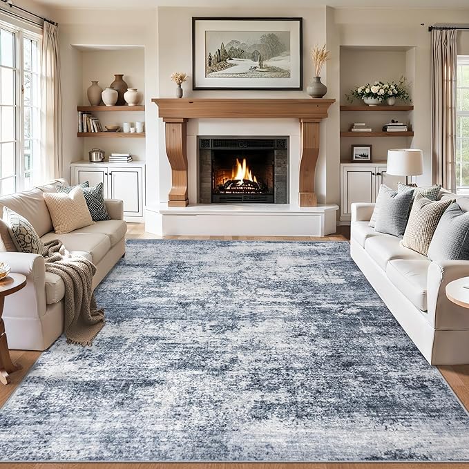 Area Rugs 9x12 Living Room - Washable Rug Modern Abstract Soft Large Neutral Non-Slip Carpet Indoor Floor Thin Carpets for Bedroom Dining Room Farmhouse Nursery Home Office Grey Blue