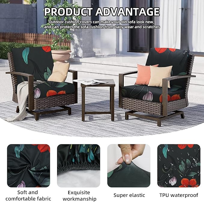 8Pcs Outdoor Cushion Covers, Patio Cushion Covers,Stretch Elastic Slipcovers, Replacement Washable & Reusable Furniture Protector for Patio Couch (Peony-Pattern,Cover Only)