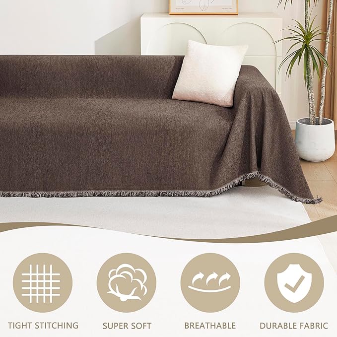 MYSKY HOME Boho Couch Cover Chocolate Sofa Covers with White Tassel Farmhouse Sofa Slipcover Simple Couch Protector for Dogs Chenille Sectional Couch Covers L Shaped Couch Cushion Covers, 91"x 134"