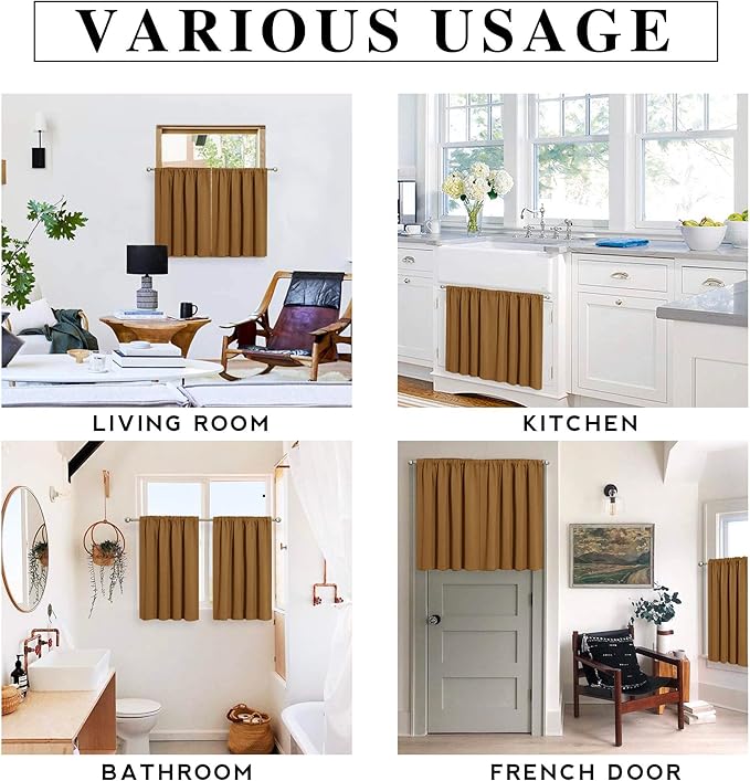 RYB HOME Short Gold Brown Blackout Curtains for Small Bedroom Window, Insulating UV Blocking Drapes for Kitchen Cafe Basement Garage, Privacy Tiers for Bathroom Window, Width 42 by Length 36, Set of 2