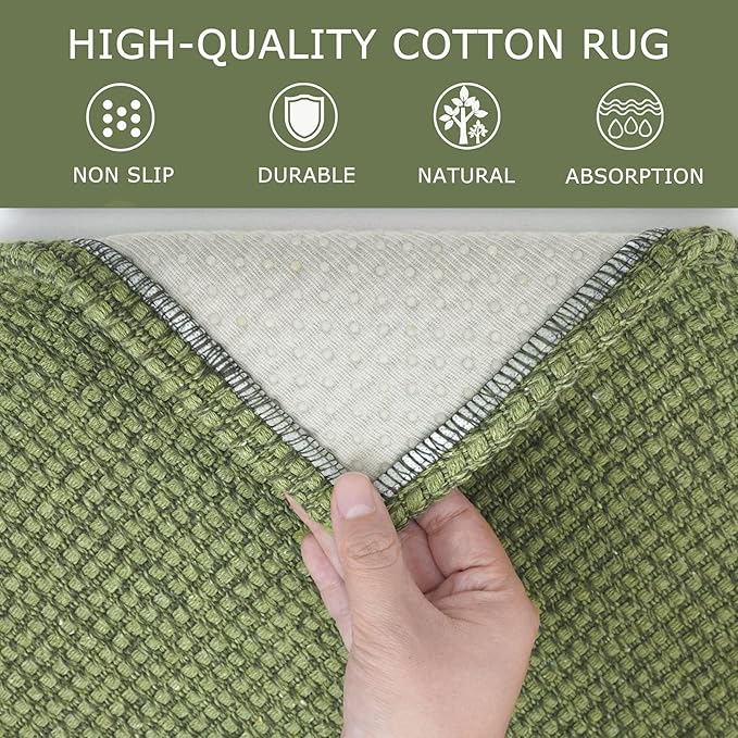 KOZYFLY Washable Area Rug 5x7 ft Rubber Backed Non Slip Rugs for Living Room Braided Cotton Bedroom Rug Woven Office Rugs Indoor Floor Carpets for Dining Bedroom Living Room, Bright Green/Earthy Green