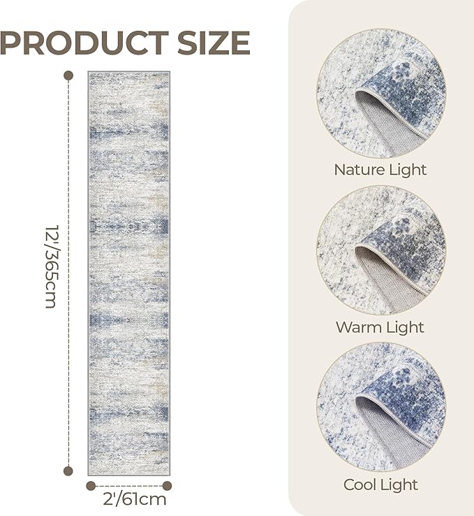 Long Hallway Runner Rug- Carpet Runners for Hallway 12ft, Anti Slip Backing Washable Rug Runner for Entrance, Living Room, Soft Low Pile Modern Rug Runner(2'x12', Blue/Brown/Ivory)