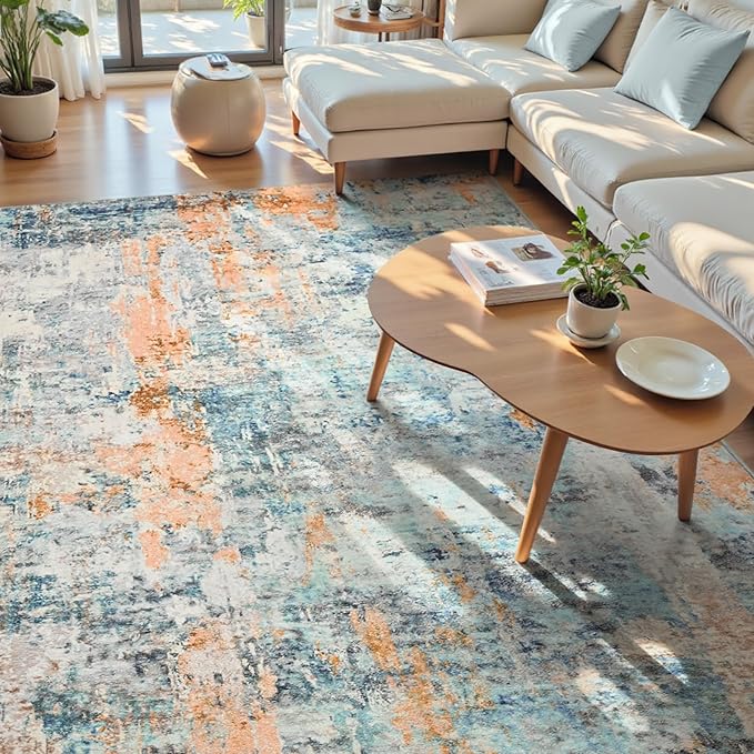 Ompaa Living Room Rug 8x10 Blue Area Rugs Machine Washable Abstract Boho Large Carpet Non-Slip Non-Shedding Faux Wool Indoor Vintage Rugs for Bedroom, Classroom, Dining Room, Kids Playroom