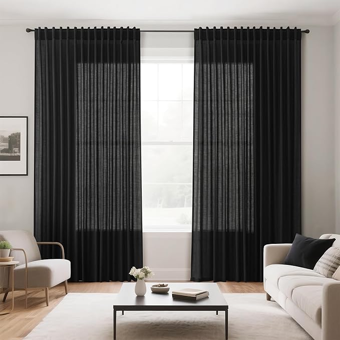 Nanspring Extra Wide 100x96 Inch Linen Curtains for Living Room Divider Light Filtering Semi Sheer Patio Curtains for Sliding Door Black Coastal Decor Sunroom Floor to Ceiling Window Curtain Panel