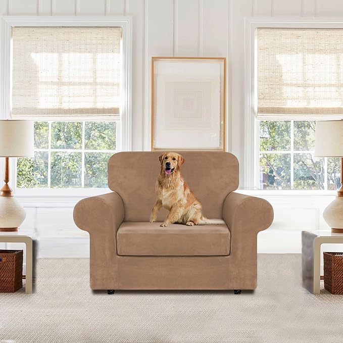 WEERRW Velvet Stretch Chair Sofa Slipcover - 2 Pieces Luxury Soft Velvet Plush Couch Cover Furniture Protector with Elastic Bottom for Pets, Machine Washable, Camel, Small