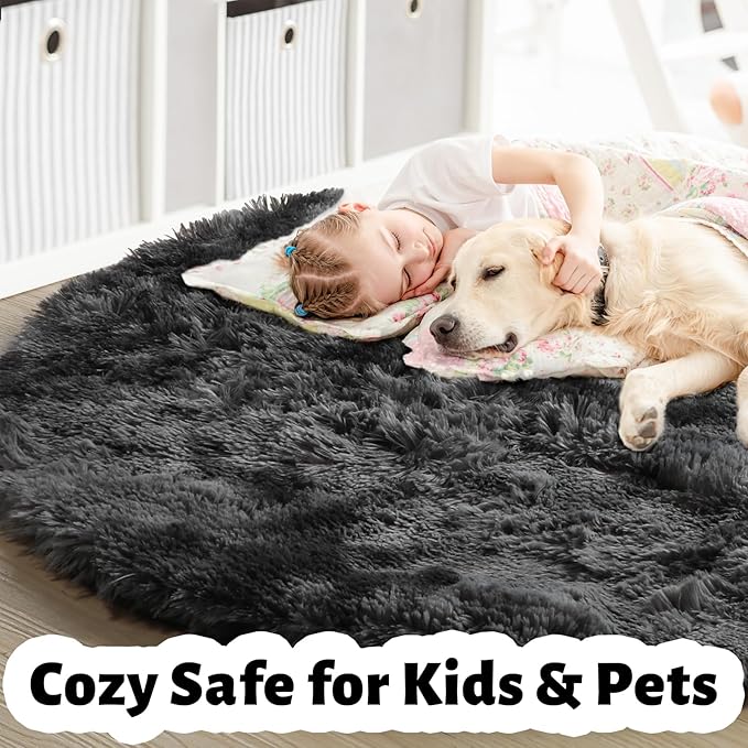 Amdrebio Tie-Dyed Dark Grey Round Rug 4Ft for Bedroom Dorm, Soft Furry Shaggy Circle Area Rugs for Living Room Office, Shag Fluffy Fuzzy Carpet for Kids Teen Boys Mens, Modern Cool Floor Circular Rug