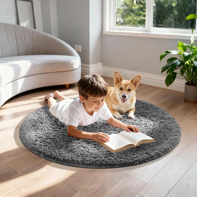 Ophanie Round Rug 3Ft Grey Circle Area Rugs, Fluffy Fuzzy Small Bedroom Carpet 3 Foot, Plush Shag Floor Gray Living Room Christmas Circular Aesthetic Decor for Kids Teen Boys Baby, Nursery, Classroom