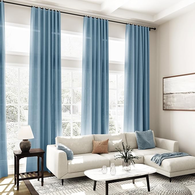 Nanspring Blue Curtains 144 Inches Long 2 Panels for Living Room Back Tab Rod Pocket Semi Sheer Linen Drapes Neutral Home Decor Blue Curtain Ceiling to Floor Length for Dining Room 52x144