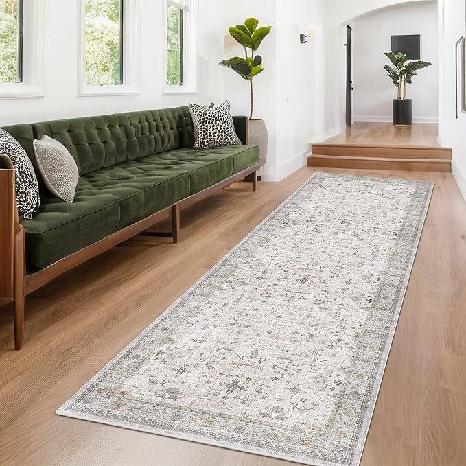 Light Gray Washable 2x8 Hallway Runners, Kitchen Runner Rug, Non-Slip & Stain Resistant 8ft Long Entryway Floor Rug, Neutral Boho Floral Décor