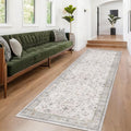 Hazo Haus Boho 3x16 Wide Hallway Runner - Light Gray and Taupe, Washable Low Pile Non Slip Stain Resistant 16ft Runner Rug for Long Kitchen, Hall Way, Floral Decor