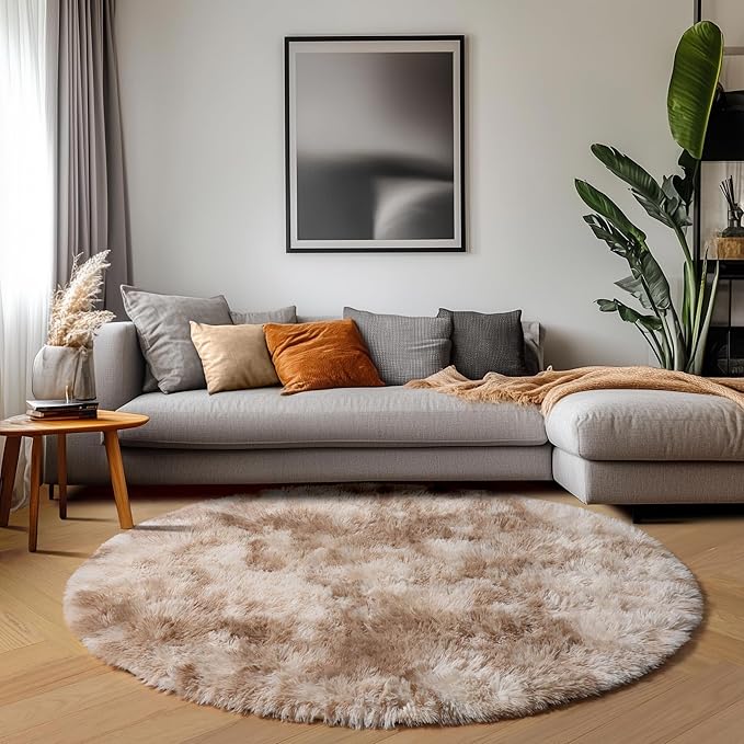 ONASAR Tie-Dye Beige Round Area Rug 4ft, Soft Bedroom Circle Rugs Floor Mats for Kids Girls Teen Room, Kawaii Fluffy Plush Shaggy Carpet for Baby Nursery Living Room Playroom Home Decor