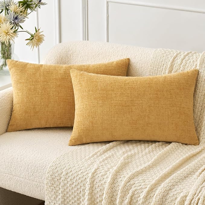 MIULEE Pack of 2 Couch Throw Pillow Covers 12x20 Inch Soft Gold Chenille Lumbar Pillow Covers for Sofa Living Room Spring Home Decor Couch Solid Dyed Cases