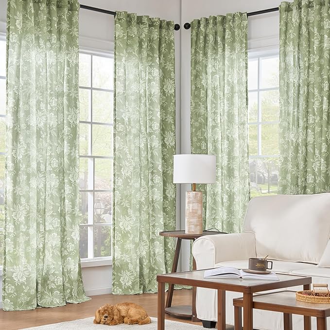 jinchan Linen Floral Curtains for Living Room with Printed Flower 84 Inches Long Light Filtering French Country Back Tab Rod Pocket Sage Green Window Curtain Set Farmhouse Drapes 2 Panels