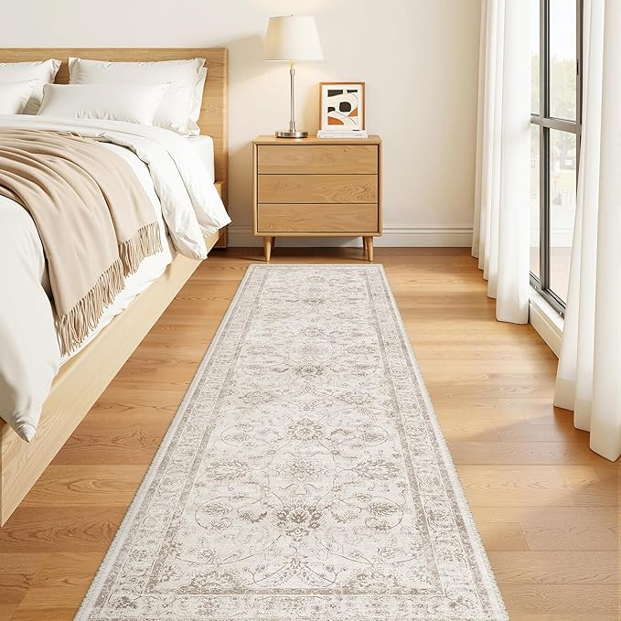 Madane Rug Runner for Hallways 2.5x8, Washable Kitchen Runner Rugs with Non Slip Backing, Soft Floral Print 2'6''x8 Carpet Runners for Laundry Room, Bedroom, Brown/Ivory