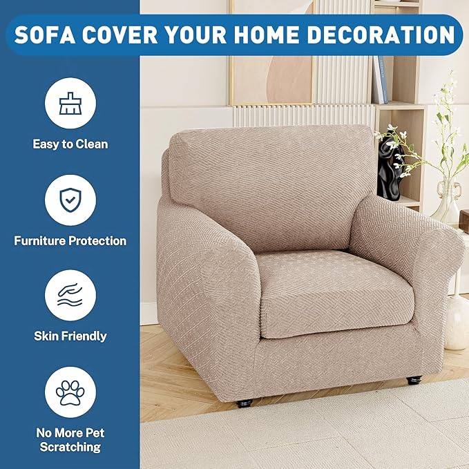XINEAGE Large Couch Cushion Covers Seat Cushion Cover Thick Stretch Sofa Slipcovers 1 Piece Individual Couch Covers with Elastic Bottom(Single XL Seat Cushion/Backrest,Khaki)