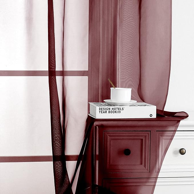 OWENIE Sheer Curtains, Sheer Curtains 84 inch Length 2 Panels Set, Rod Pocket Voile Fimly Sheer Drapes for Living Room/Bedroom, 2pcs, Each 42" W x 84" L, Burgundy