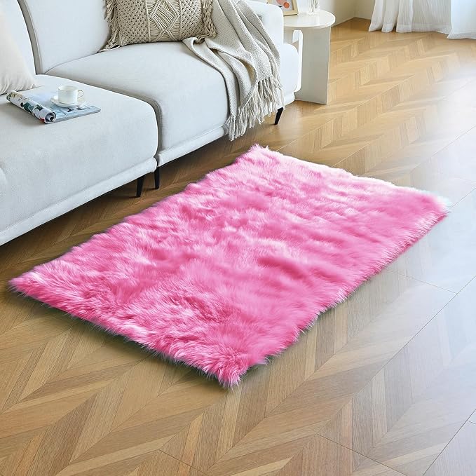 duduta Hot Pink Faux Fur Rug 3x5 ft, Fluffy Shag Rectangular Sheepskin Rug for Bedroom Nursery Living Room Dorm Washable