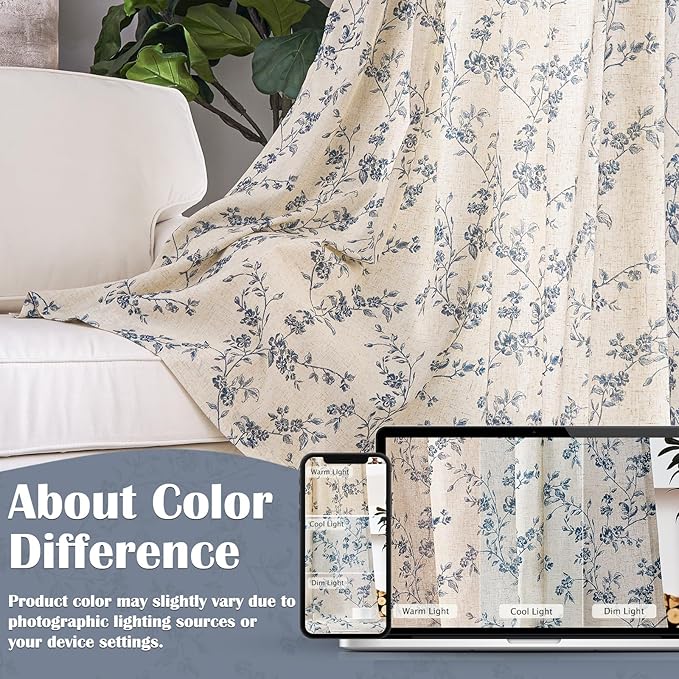 Lazzzy Farmhouse Linen Curtains Extra Long Blue Floral Curtains 108 Inch Long Back Tab Drapes for Living Room Bedroom Light Filtering Country Vintage Rod Pocket, 2 Panels, Blue on Beige