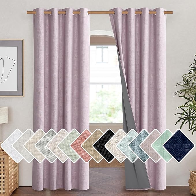 NICETOWN Pink Vintage Linen 100% Blackout Curtains for Living Room, Thermal Insulated Curtains 84“ Long, Noise Reducing Window Treatment Drapes for Hall Room, 52" Wide Per Panel, Set of 2
