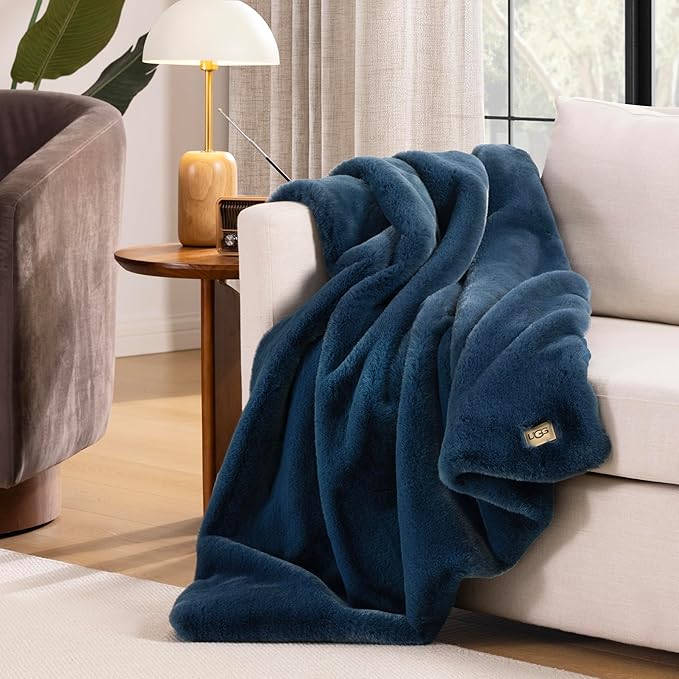 UGG Euphoria Faux Fur Throw Blanket, Soft Warm Throw Blankets for Couch or Bed, Luxury Bedroom Decor, Giftable Fuzzy Blankets, Machine Washable, 50-inch x 70-inch, Indigo Blue