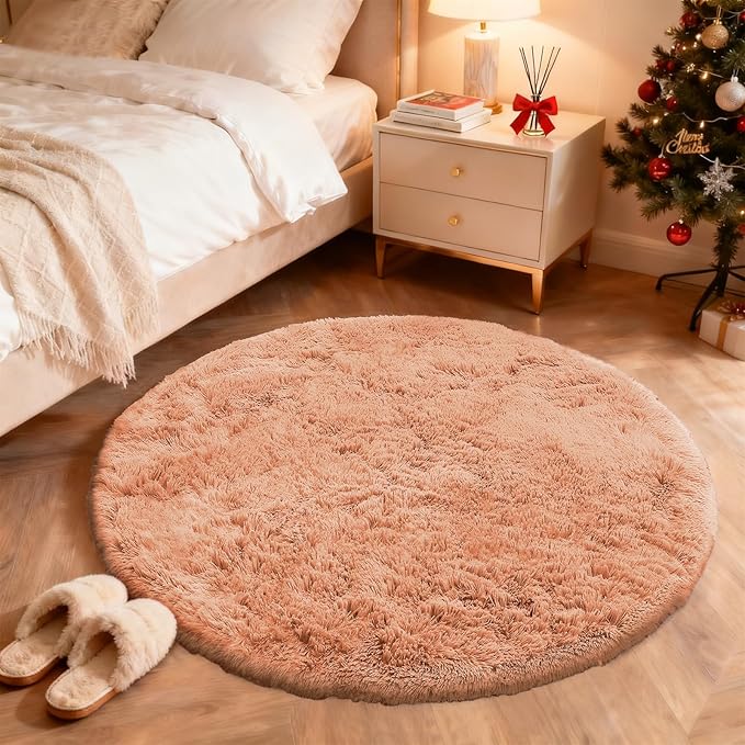 OLANLY Muted Orange Round Rugs for Bedroom - Machine Washable, 4 ft Circle Area Rugs for Living Room, Soft and Fluffy Shaggy Carpet for Teen Girl and Boys, Nursery Rooms, Dorms, Home Decor Aesthetic