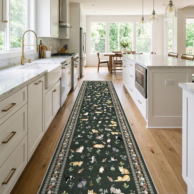 2x12 Washable Hallway Runner Rug - Soft Low Pile Floral Animal Cat Print Rugs with Non-Slip Backing Waterproof Stain-Resistant Indoor Carpet for Kitchen Entryway Bathroom Bedroom (Sage Green)