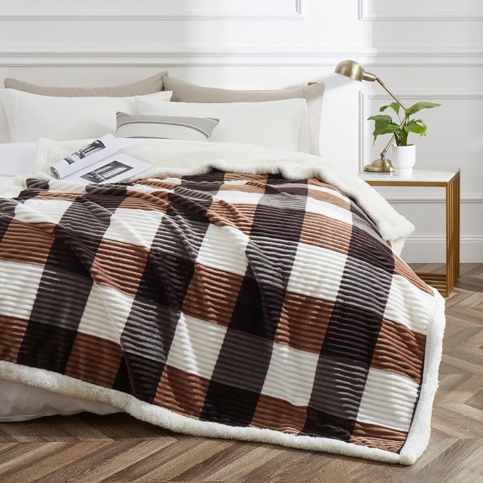 PU MEI Sherpa Blanket Twin Plaid Thick Bed Blanket, 60”*80” Super Soft Flannel Fuzzy Fleece Reversible Velvet Plush Warm Blanket for Couch(Brown-Check, 60"*80")