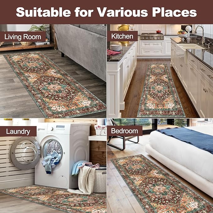 Yamaziot Washable Runner Rug, 2x6 Non-Slip Boho Vintage Hallway Rug Runner with Rubber Backing, Stain Resistant Distressed Carpet Runner for Bedroom, Kitchen, Laundry, Entrance