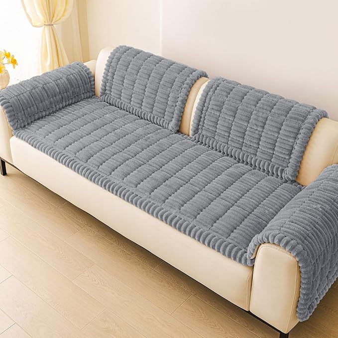 hyha Couch Covers for Dogs Washable, Non Slip Plush Dog Sofa Protectors, Fuzzy Pet Couch Covers for 3 Cushion Sofa Pet Friendly (Grey, 27.6" x 82.7")