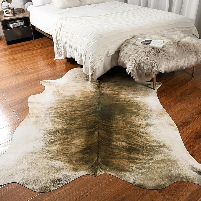 AROGAN Western Decor Faux Fur Cowhide Rug, 7 x 6.2 Feet Premium Animal Skin Cow Hide Rug, Durable Cow Print Rugs for Wall Decor, Western Floor Carpet for Bedroom Living Room, Brownish