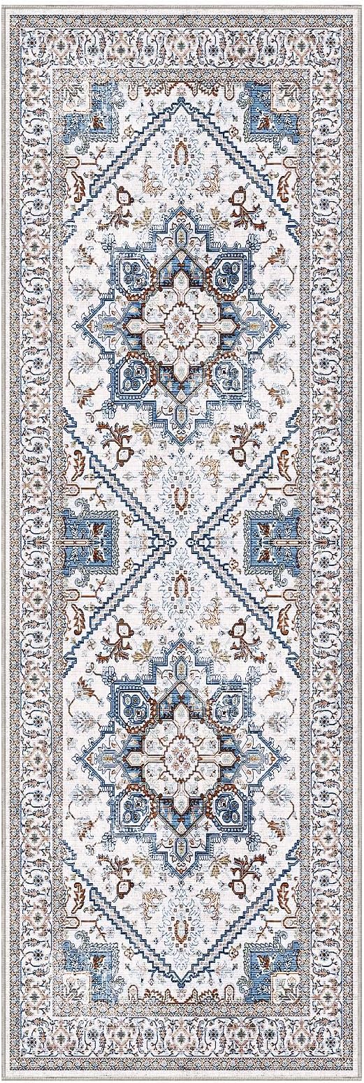 OPPODREAM Soft Entryway Rug 2x6, 2x6 Rug Runner, Neutral Washable Hallways Carpet 2 x 6 with Non Slip Backing, Low-Pile Bedside Carpet 2 x 6, Long, Faux Cashmere, Cream White & Blue & Light Brown