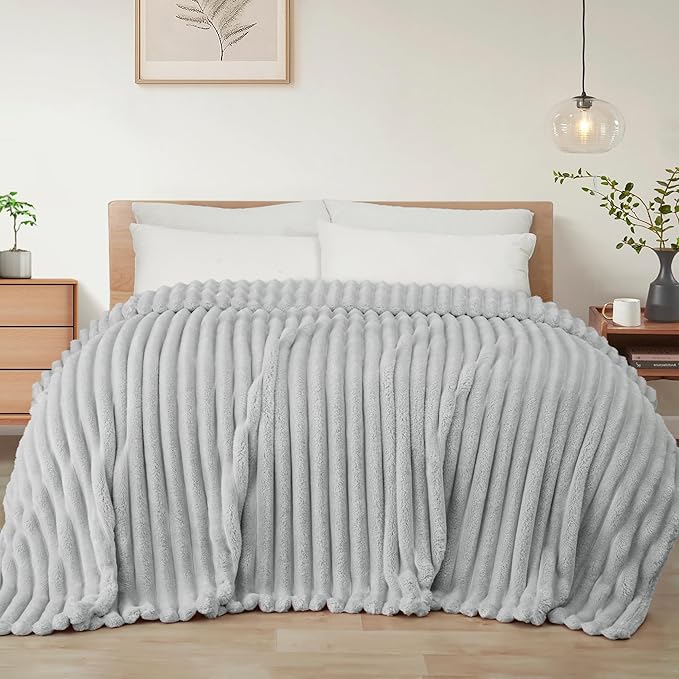 Exclusivo Mezcla California King Size Flannel Fleece Blanket, Super Soft Striped Jacquard Bed Oversized Blanket, Lightweight Fuzzy Cozy for All Seasons, 120x120 Inches, Light Grey
