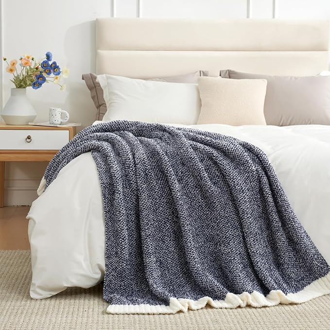 Snuggle Sac Oversized Navy Blanket, Twin XL Size for Bed | Reversible Super Soft & Cozy Knit Throw, Fuzzy Plush Fabric in Heather Navy, 66x90 inches
