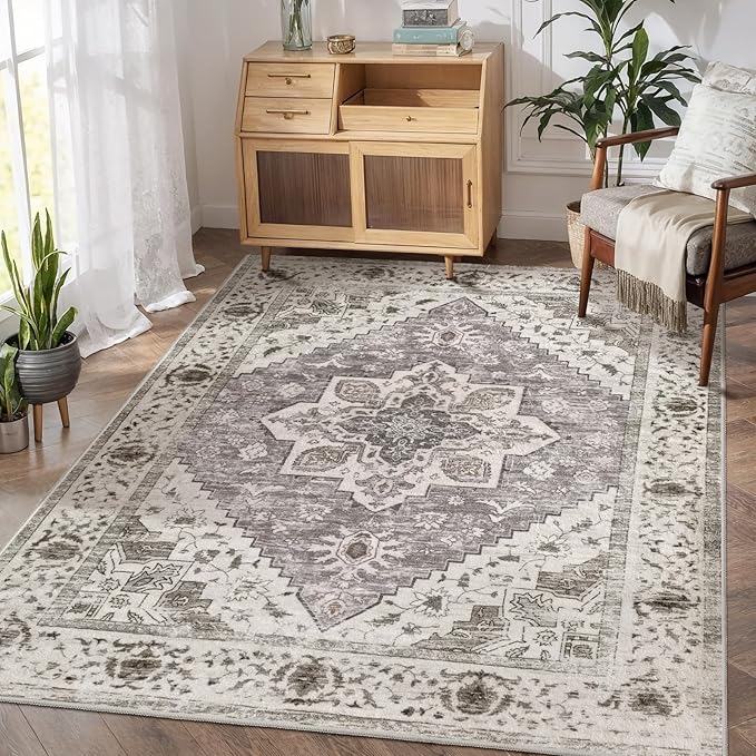 SERISSA Area Rug 3x5 Boho Rugs for Bedroom, Washable Kitchen Rugs Non-Slip, Ultra Soft Print Distressed Entry Rug Low-Pile Throw Rug Earth Tone Carpet for Bedroom Nursery Living Room Decor
