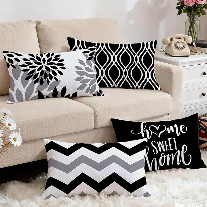 Hexagram Geometric Black Pillow Covers 12x20 Set of 4, Decorative Outdoor Boho Modern Throw Pillow Covers, Home Sweet Home Farmhouse Cushion Case for Couch Sofa Bedroom Indoor Decor(No Insert)
